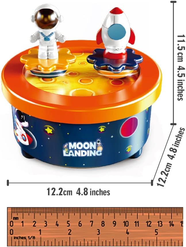 Moon Landing Music Box with Astronaut & Rocket Figures – Wind-Up Musical Space Toy Plays “Fly Me to the Moon” – Spinning Cake Topper Decoration – 4+ Minute Playtime – Birthday Gift for Kids & Adults