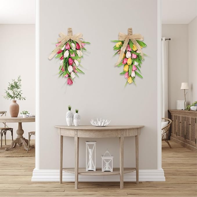 2 Pcs Artificial Tulips Teardrop Swag for Front Door,18 in Spring Floral Swags Wreath with Colorful Tulips,Green Leaves and Burlap Bows,Spring Summer Teardrop Wreath,Wedding Decorative Swag