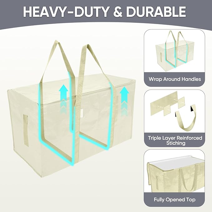 TICONN 6 Pack Extra Large Moving Bags Heavy Duty with Zippers & Carrying Handles, Durable Storage Bags Moving Boxes for Closet Organizers and Storage (6 Pack, Cream)