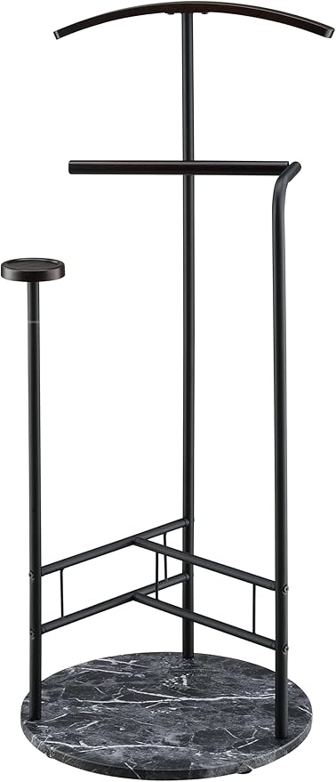 Proman Products Scandia Valet Stand, Clothes Rack, Clothing Organizer with Tray, Hanger and Trousers Bar, Wood, Metal, Black