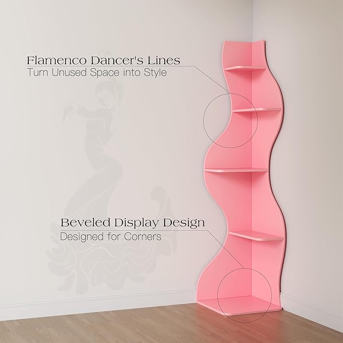 Modern Corner Shelf, 5 Tier High Corner Shelf, Fits Small Spaces, Scalloped Corner Bookcase with Storage Space, Wooden Display Stand for Plants, Books and Decorations, Assorted Colors and Sizes (Pink)