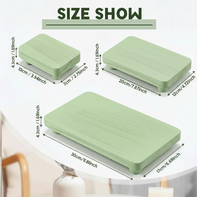 Maitys 3 Pcs Wooden Risers for Display Pedestal Stand Wooden for Decor Farmhouse Vintage Rustic Stackable Kitchen Stand Tray Riser, 3 Sizes(12 x 6.7, 8 x 4.7, 4 x 2.8 in,Green)