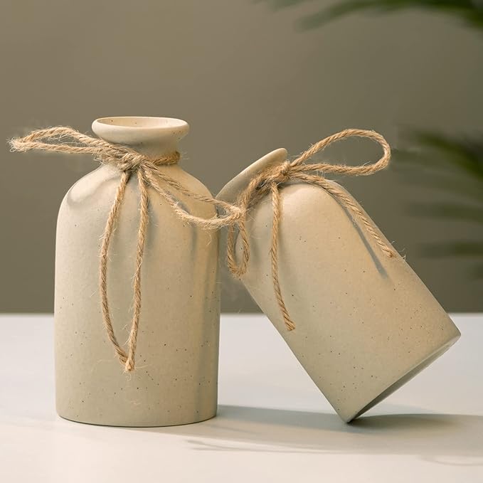 Hirdbrote Small Ceramic Vases for Decor 2-Piece, Flower Vase Vintage Decor Modern Farmhouse Rustic Home Decor, Wedding Centerpiece, Farmhouse Kitchen (5.5”& 4.7” Tall) (Beige & Black dot)