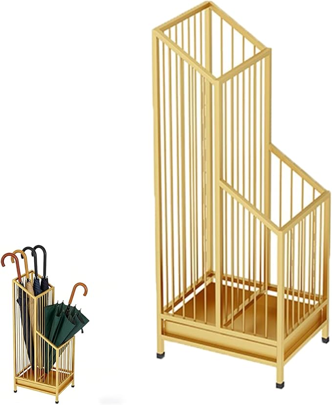 Indoor Gold Umbrella Stand with Drip Tray, Minimalist Luxury Design, Stylish Gold Umbrella Holder for Entryway, Living Room, Hotel, Easy to Clean & Space-Saving