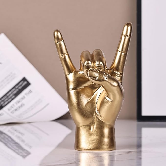 QIANLING 7.7" Gold Resin Rock On Hand Gesture Statue - Rock Culture Music Lovers' Decorative Tabletop Sculpture for Bookshelf, Desk & Mantel Decor in Home or Office, Modern Symbolic Figurine