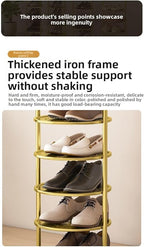 Bamboo Shoe Rack Organizer, 2-10 Tiers, Natural or Tea Color, No-Tool Assembly, Foldable Storage Shelf (Round Eight-Layer Gold)