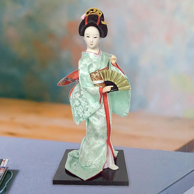 12inch Japanese Geisha Ethnic Japanese Geisha Dolls Oriental Ancient Kabuki Girl Statue Kimono Dolls for Tabletop Home Decor, Light Green