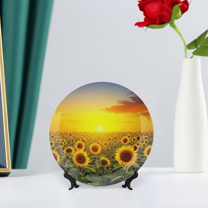 sunflower theme Decorative Ceramic Plate Round Porcelain Plate,10 inch,Field pattern,for Decorative Ornaments Giving Plates,1 Plate with 1 Display Stand,Orange Red Gold