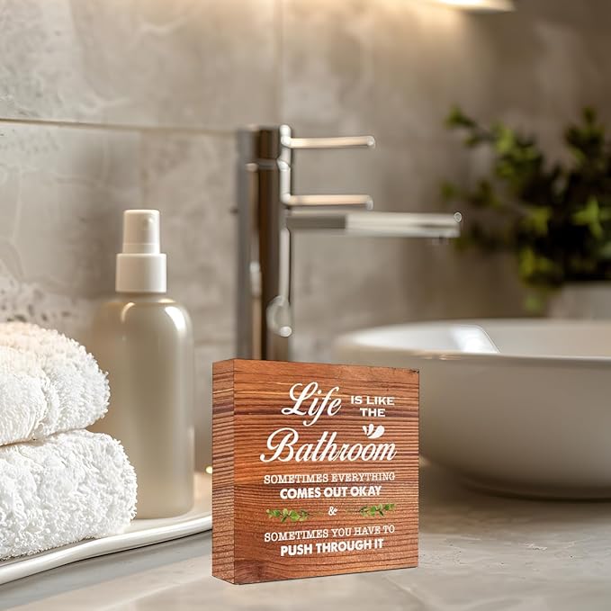 Brown Life is Like The Bathroom Wooden Box Sign Desk Decor,Funny Bathroom Wood Block Sign for Farmhouse Toilet Shelf Decor