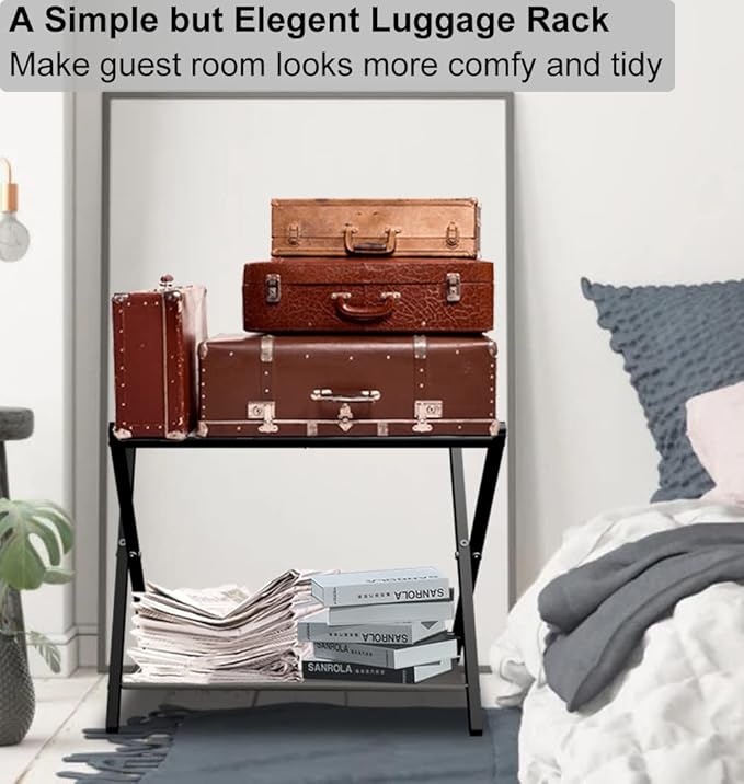 Folding Luggage Rack for Guest Room, Metal Foldable Suitcase Stand Holder with Cloth Shelf for Bedroom, Black, 2pack