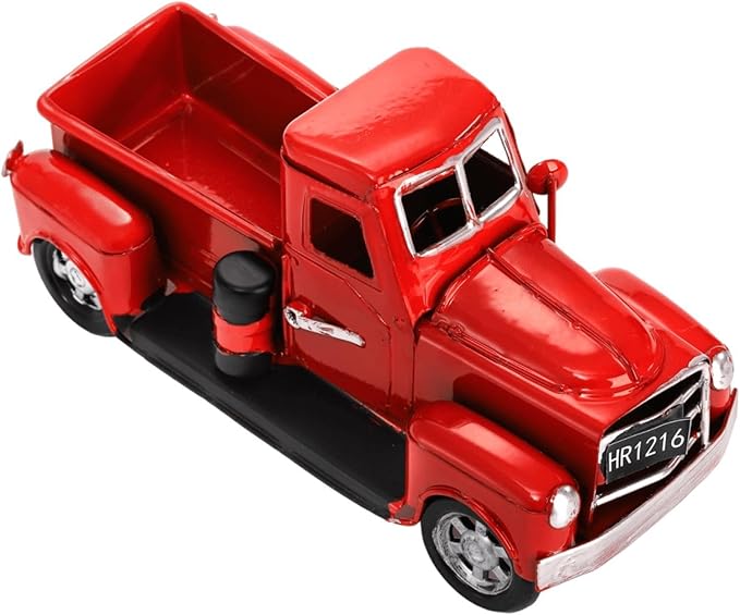 Youeon Farmhouse Red Truck Decor, 7x3.1x3.5 Inch Vintage Metal Pickup Truck Valentine Ornament Gift, Rustic Table Centerpiece, Small Garden Planter Truck Decoration
