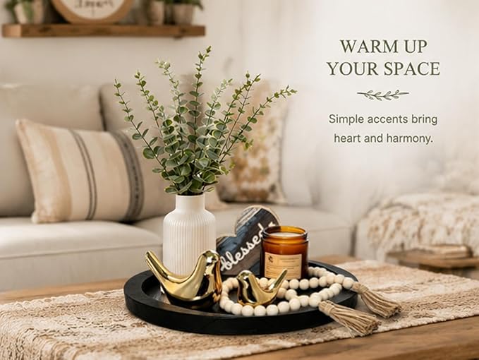 Rustic Modern Farmhouse Decor Set of 7 for Home Decor Living Room, Kitchen Counter, or Coffee Table Centerpieces Decor, Wood Round Decorative Tray Gifts for Women Men