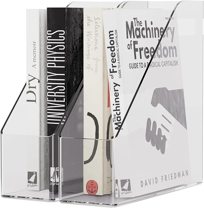 Magazine Holder, Clear Plastic Vertical File Magazine Organizer, Desktop File Magazine Book Storage Shelf for Office Desk (2PCS), 10.6x9.8x3.1 Inch