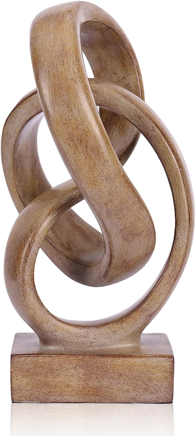 Abstract wood-toned knot sculpture, geometric decorative statue, wood-toned accent piece for living room coffee table or bookshelf surface, office TV cabinet or entryway console table decoration.