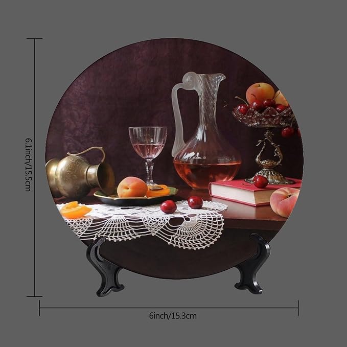 WineDecorative Ceramic Plates, 6 Inch, Red Wine Cherry Fruit Round Display Plate, Handmade Ceramic Ornament, Ceramic Craft for Wall Hanging Decorative