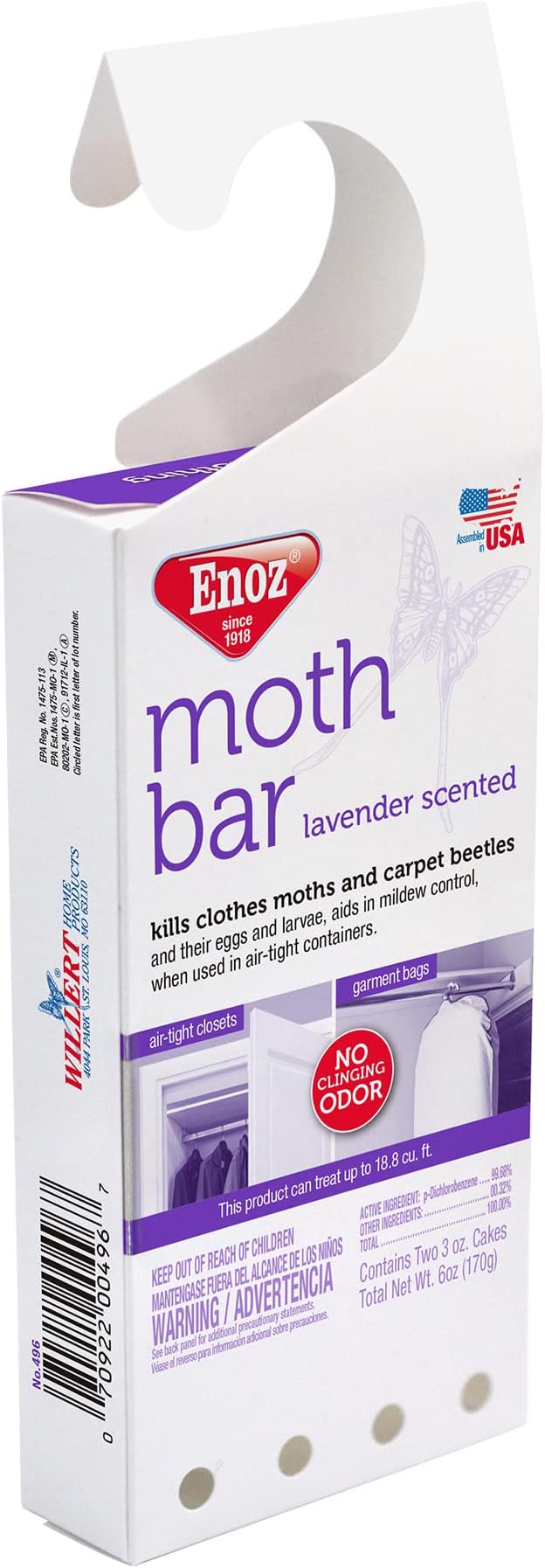 Enoz Lavender Scented Moth Bar, Kills Clothes Moths, Carpet Beetles, Eggs and Larvae, 6 oz Bar (Pack of 6)