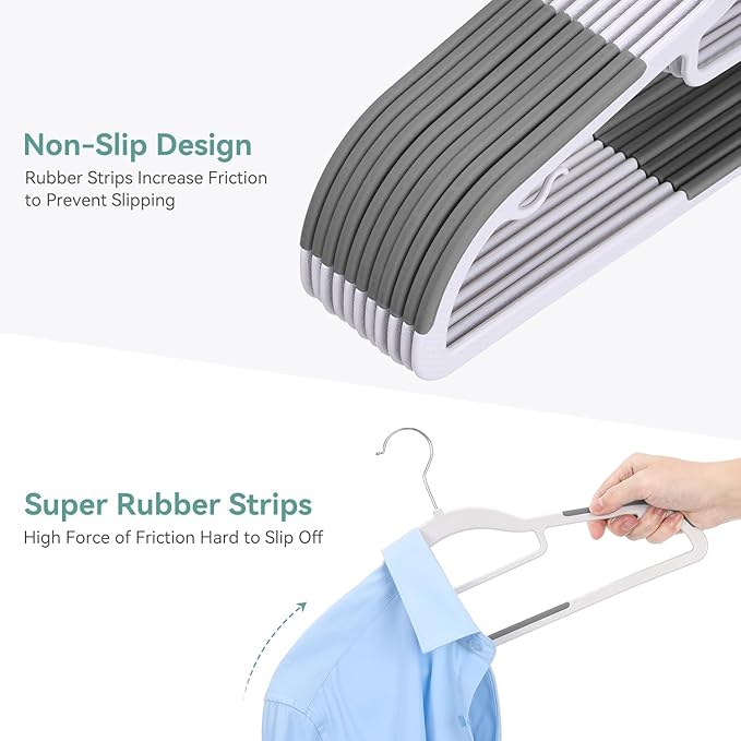 Coat Hangers 30 Pack, Plastic Clothes Hangers Non Slip with Rubber Grip, Heavy Duty Hanger with 360° Swivel Metal Hook, Ultra Thin Hangers Space Saving for Closet Organizer, White and Dark Gray