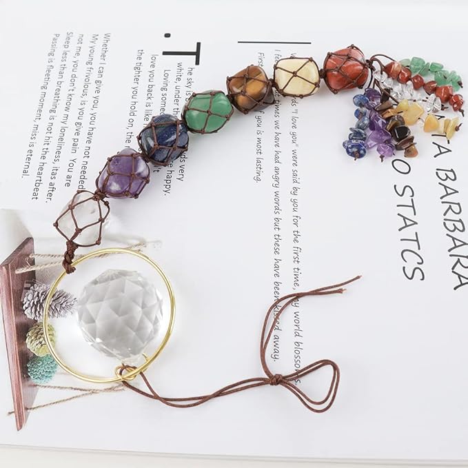 Handmade Crystal Window Car Hanging Ornaments 7 Chakra Home Decoration Feng Shui Ornament Yoga Meditation Car Decoration Tumbled Palm Stones (Crystal)