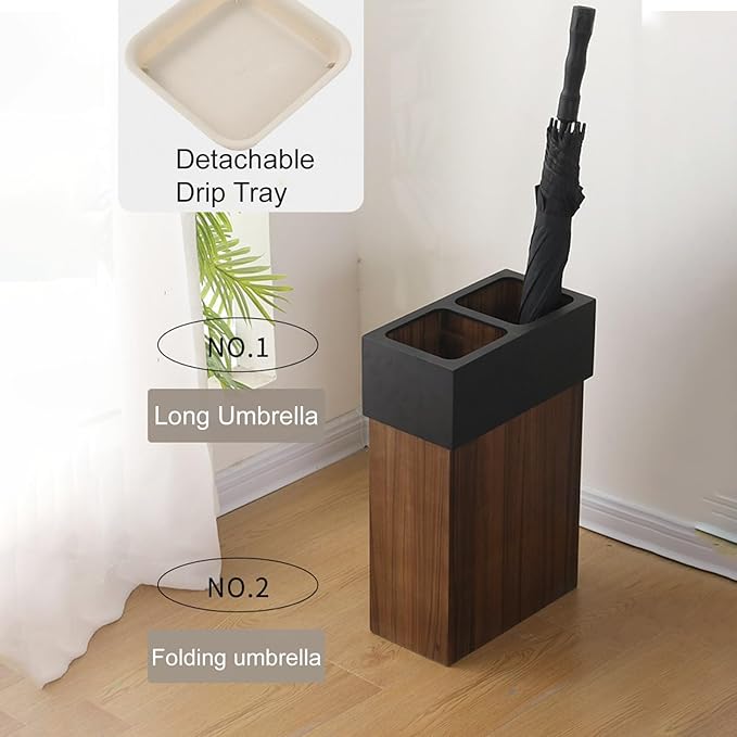 Wooden Umbrella Stand, Double Bucket Umbrellas Storage Box with a Detachable Drip Tray, Japanese Style Canes Walking Sticks Holder for Home Office,Hotel,Outdoor(Black)