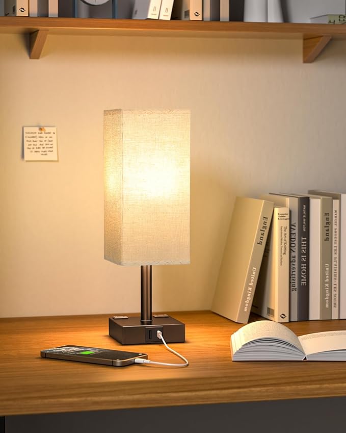 aooshine Brown Touch Table Lamp - Bedside Lamp with USB A + Type C Charging Ports and Two AC Outlets, Small Night Stand with E26 LED Bulb, Desk Light for Bedroom Living Room Office Dorm