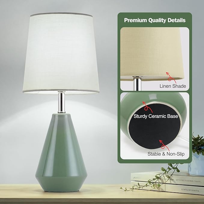 Small Bedside Table Lamp for Bedroom - Reading Desk Lamp with 3 Color Temperatures，15.5" Nightstand Ceramic Lamp with Fabric Shade for Kids Room,Living Room,Dorm,Home Office (Green)