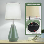 Small Bedside Table Lamp for Bedroom - Reading Desk Lamp with 3 Color Temperatures，15.5" Nightstand Ceramic Lamp with Fabric Shade for Kids Room,Living Room,Dorm,Home Office (Green)