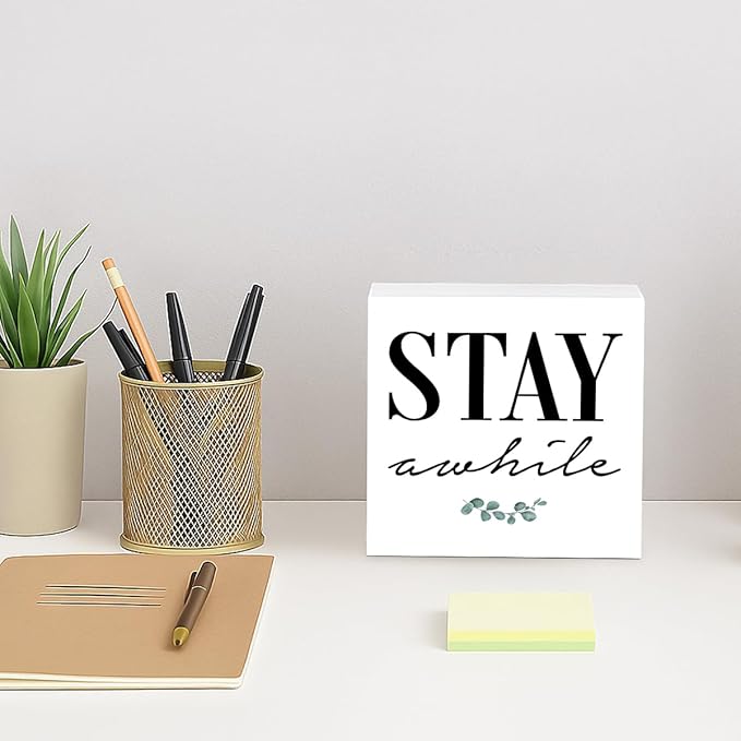 Rustic Farmhouse Home Wooden Signs, Stay Awhile Sign, Living Room Decor, Farmhouse Style Quality Print, Home Desk Decoration, Housewarming Gift, Box Sign Decor Tabletop, 5.1x5.1inches