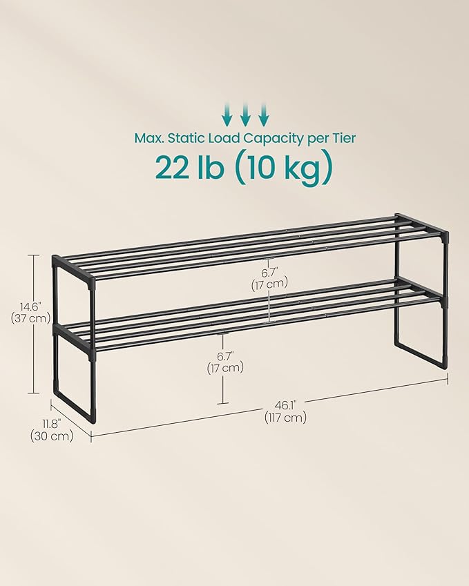 SONGMICS Shoe Rack, 2-Tier Shoe Organizer, Metal Storage Shelf, Upright or Upside Down, for 15-18 Pairs, Stackable, for Entryway, 11.8 x 46.1 x 14.6 Inches, Black ULSA032B01