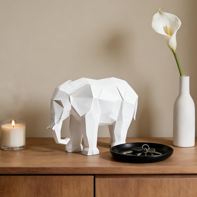 Cynkeyee Elephant Decorations Figurine Statue - Modern Elefantes para Decoracion Casa, Resin Origami White Elephant Gift Minimalist Tabletop Decor Centrepiece Accent Knick Knacks 6x2.25 x4.5 Inch