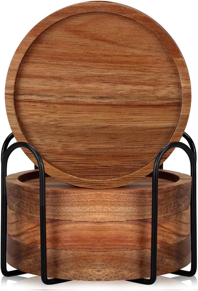4 Pcs Farmhouse Wooden Coasters with Holder Cute Wood Drink Coaster Set Outdoor Beer Costers Home Decoration Coffee Table Decor Gift Cup Coaster Bar Kitchen Dining Table Accessories Modern Coasters