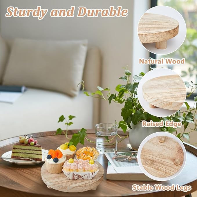 SUPERFINDINGS 3 Sizes Wooden Display Risers Wood Pedestal Stand Wood Round Flat Tray Rustic Display Riser for Home Bathroom Kitchen Counter Décor and Organize, 20/15.2/12.6cm