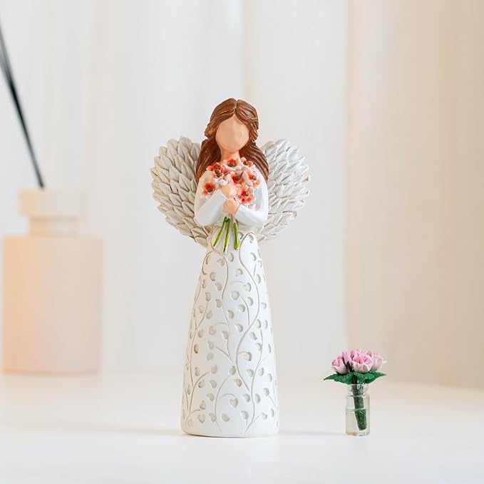 Hand-Painted Angel Figurine with Red Poppy, Remembrance Symbol & Tree of Life Design - Meaningful Gift for Memorial, Hope & Renewal. Angel Statue with Leaf Pattern Dress