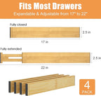 Bamboo Drawer Dividers,17-22" Adjustable Kitchen Drawer Organizer for Clothes,4 Pack Expandable Drawer Organization Separators for Bedroom,Bathroom,Dresser and Office,Natural