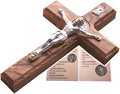 Holy Land Market Saint Benedict Wall Crucifix - Handmade Olive Wood Cross, Silver Tone Corpus, Catholic Home Decor, 12 Inches