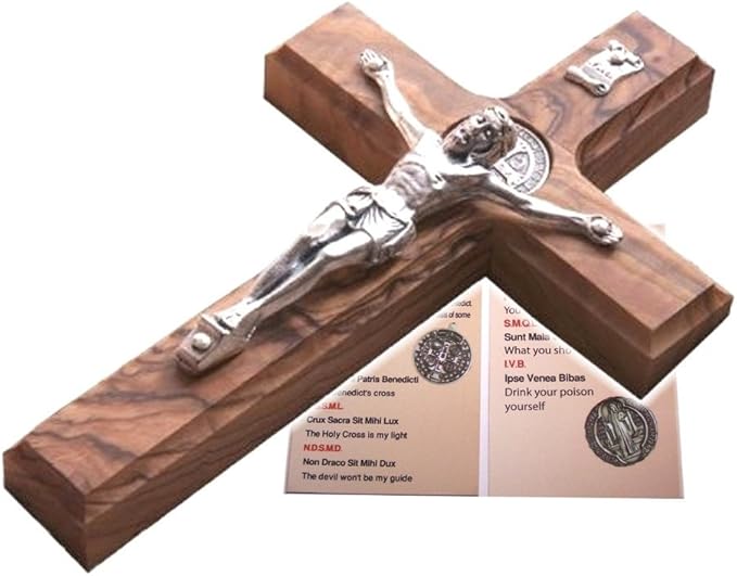 Holy Land Market Saint Benedict Holy Land Olive Wood Cross Wall Crucifix - Handmade Silver Tone Corpus, 14 Inches