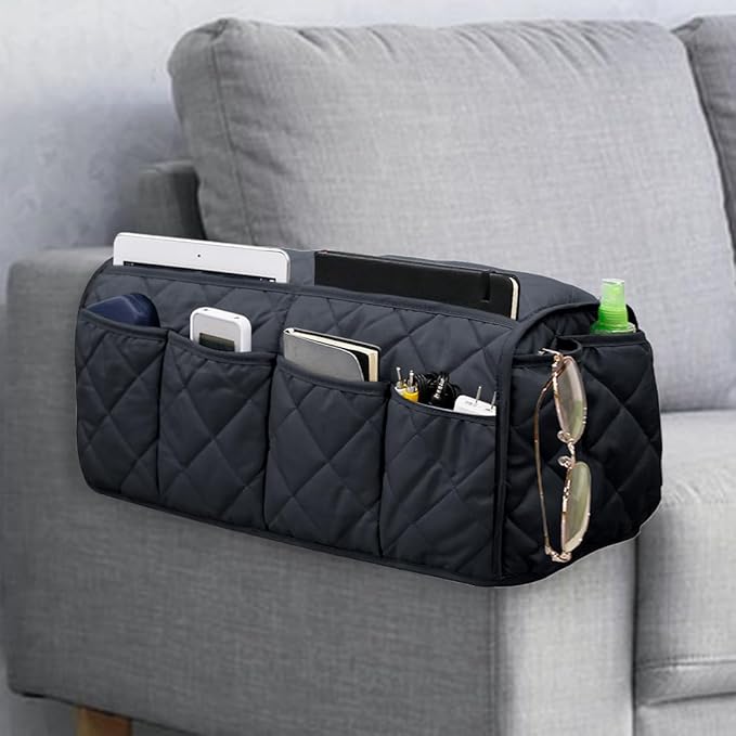 Sofa Armrest Organizer Non-Slip Arm Chair Bedside Caddy Storage Organizer for Recliner Couch with 14 Pockets for Cell Phone TV Remote Control Magazines (Black)