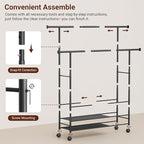 SLEEPING LAMB 44" Double Rods Clothes Rack for Hanging Clothes, Sturdy Wardrobe Clothing Rack with 3 Tier Shelves, Portable Rolling Garment Rack With Wheels for Bedroom, Laundry Living Room, Black