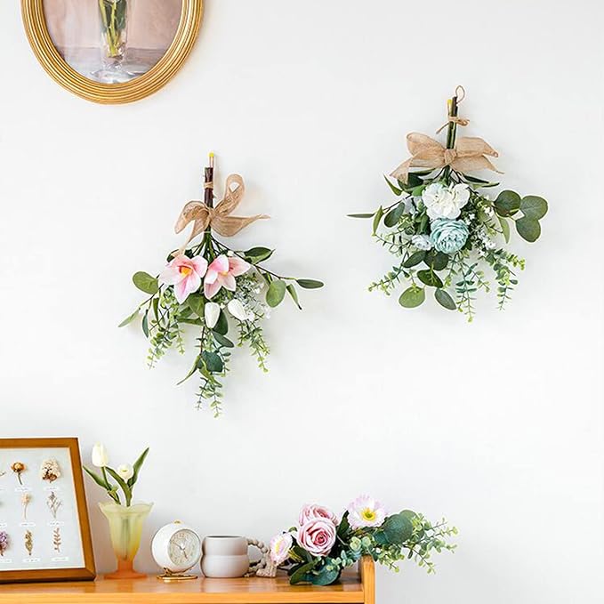 FQQWEE 2 Pcs Artificial Flowers Teardrop Swag 19.7 Inch Spring Summer Floral Swag Wreath with Eucalyptus Leaves and Mix Flowers Decorative Teardrop Wreaths for Front Door Wall Wedding Home Decor