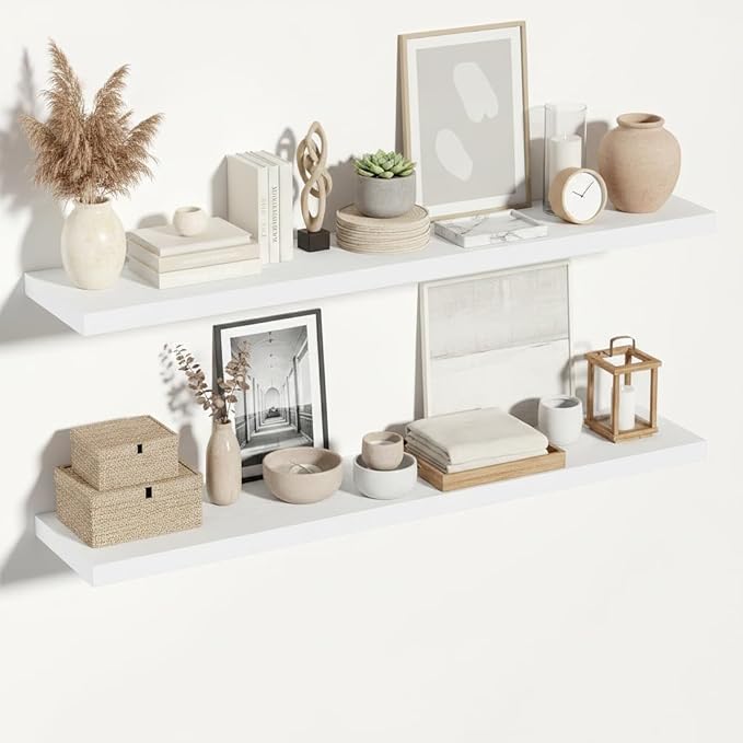 Vivelove White Floating Shelves for Wall 12 Inches Deep, 55x12 Floating Shelves for Wall with Invisible Brackets, Room Shelves for Living Room Bedroom Bathroom Kitchen Office, Set of 2