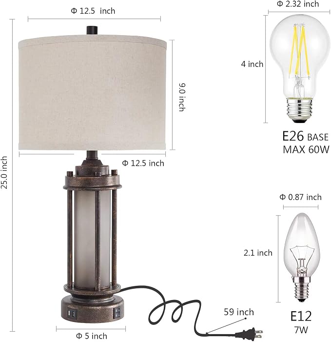 Set of 2 Farmhouse Lamps for Living Room, Rustic Vintage Bedroom Nightstand Table Lamp with 2 USB Charging Ports, Built-In Frosted Glass Night Light for End Table Entryway, 4 Bulbs Included (Bronze)