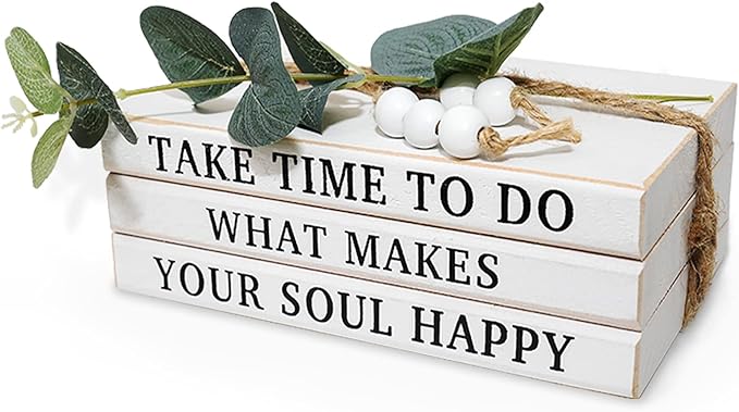 3 Pieces Wooden Decorative White Books, Rustic Farmhouse Faux Books for Coffee Table Shelves with Wood Bead Tassels and Leaves, 7'x 4.6'x 2.5' (Take Time to Do, What Makes, Your Soul Happy)