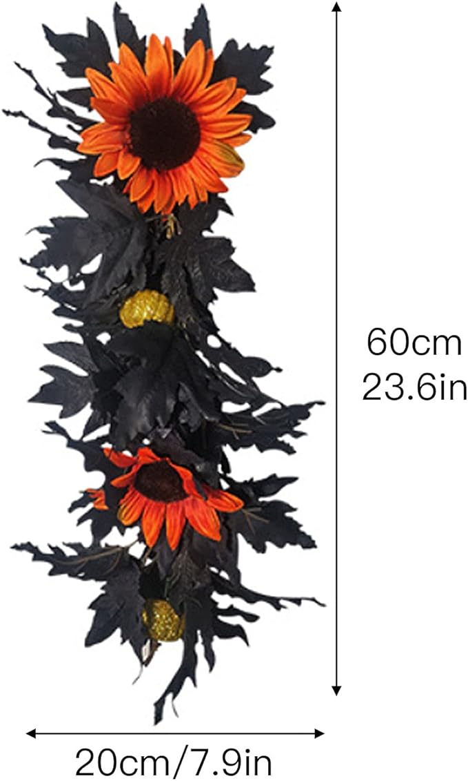 Artificial Rose Flower Swag,Artificial Sunflower Swag, 24 Inch Decorative Swag with Pumpkins Berries and Black Leaves for Halloween Home Front Door Lintel Wedding Arch Party Tabletop Wall Decor(#1)