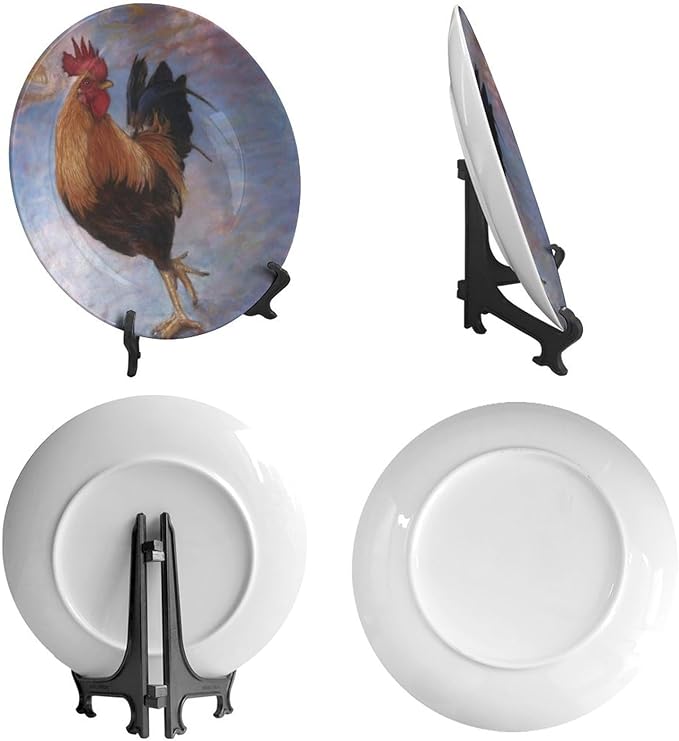 Rooster Decorative Ceramic Plates, 8 Inch, Watercolor Painting Rooster Round Display Plate, Table Top Plate Decor with Stand, for Home Kitchen Bedroom Decorative Ornaments
