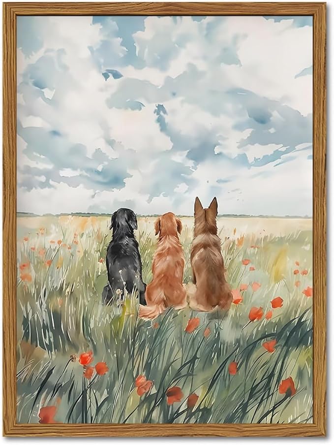 Framed Dog Canvas Wall Art, Cute Three Dogs in Flower Field Pictures Wall Decor, Rustic Farmhouse Animal Nature Paintings Prints Home Decor for Living Room Bedroom Bathroom 16x24 inch