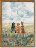 Framed Dog Canvas Wall Art, Cute Three Dogs in Flower Field Pictures Wall Decor, Rustic Farmhouse Animal Nature Paintings Prints Home Decor for Living Room Bedroom Bathroom 16x24 inch