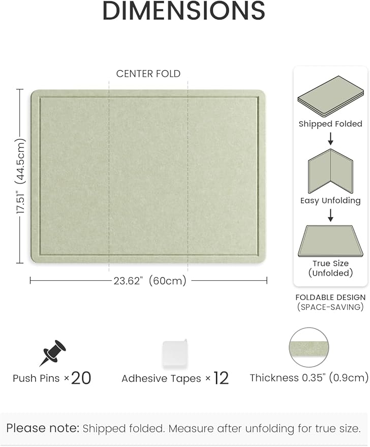 Fluxynara Bulletin Board, 23.6" x 17.5" Cork Board Alternative with 12 Safe Removable Adhesive Tabs, Foldable Felt Pin Board for Home Office, Classroom, Bedroom,Entryway for Walls—Sage