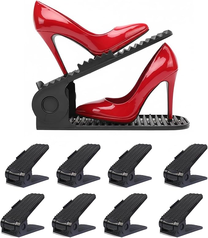 Shoe Slots Organizer, 8 PCS 4-Level Adjustable Shoe Rack Stacker, Organizador de Zapatos, Double Deck Shoe Holder for Closet Storage, No Assembly Needed, Black