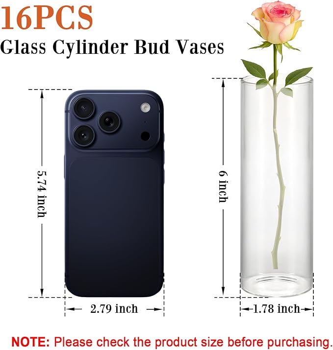 16 Pack 5.9" Tall x 1.8" Diameter Clear Glass Cylinder Vases - Multi-Use Flower Vase, Hurricane & Floating Candle Holders for Wedding Centerpieces, Home Decor, Table Displays