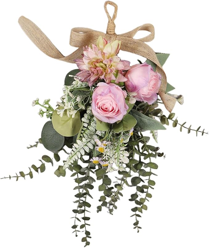 Artificial Teardrop Swag Floral Garland with Silk Flowers Ornament Handmade Reusable Suitable for Home Window, Purple