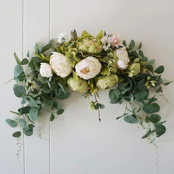 30 Inch Artificial Peony Flower Swag, Decorative Floral Swag with Fake Peonies Hydrangeas Eucalyptus Leaves Handmade Garland Wreath for Wedding Party Home Decor(White)